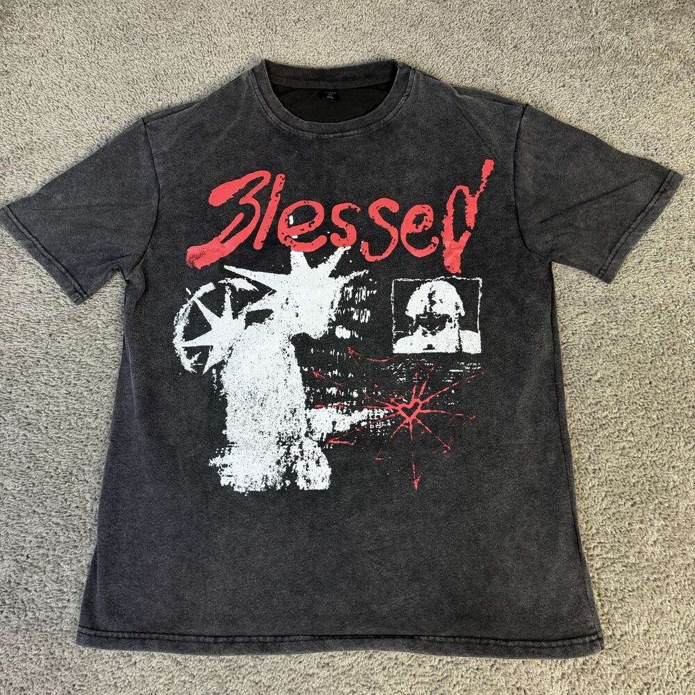 ROMWE Shirt Mens M Black Blessed Graphic Crew Neck Cotton/Poly Jersey Washed
